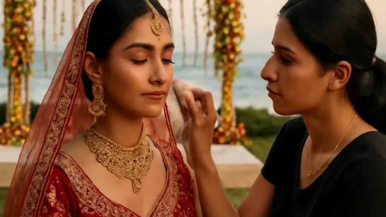 Indian bride having flexible humidity-ready makeup checked at a coastal wedding venue