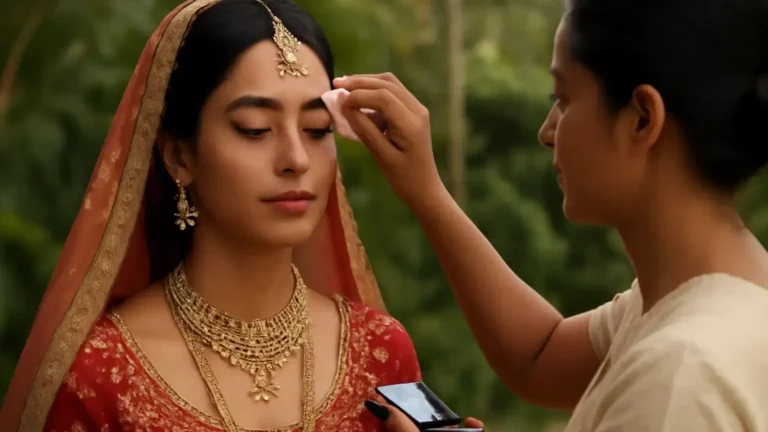Indian bride receiving a discreet humid-weather makeup touch-up at an outdoor wedding
