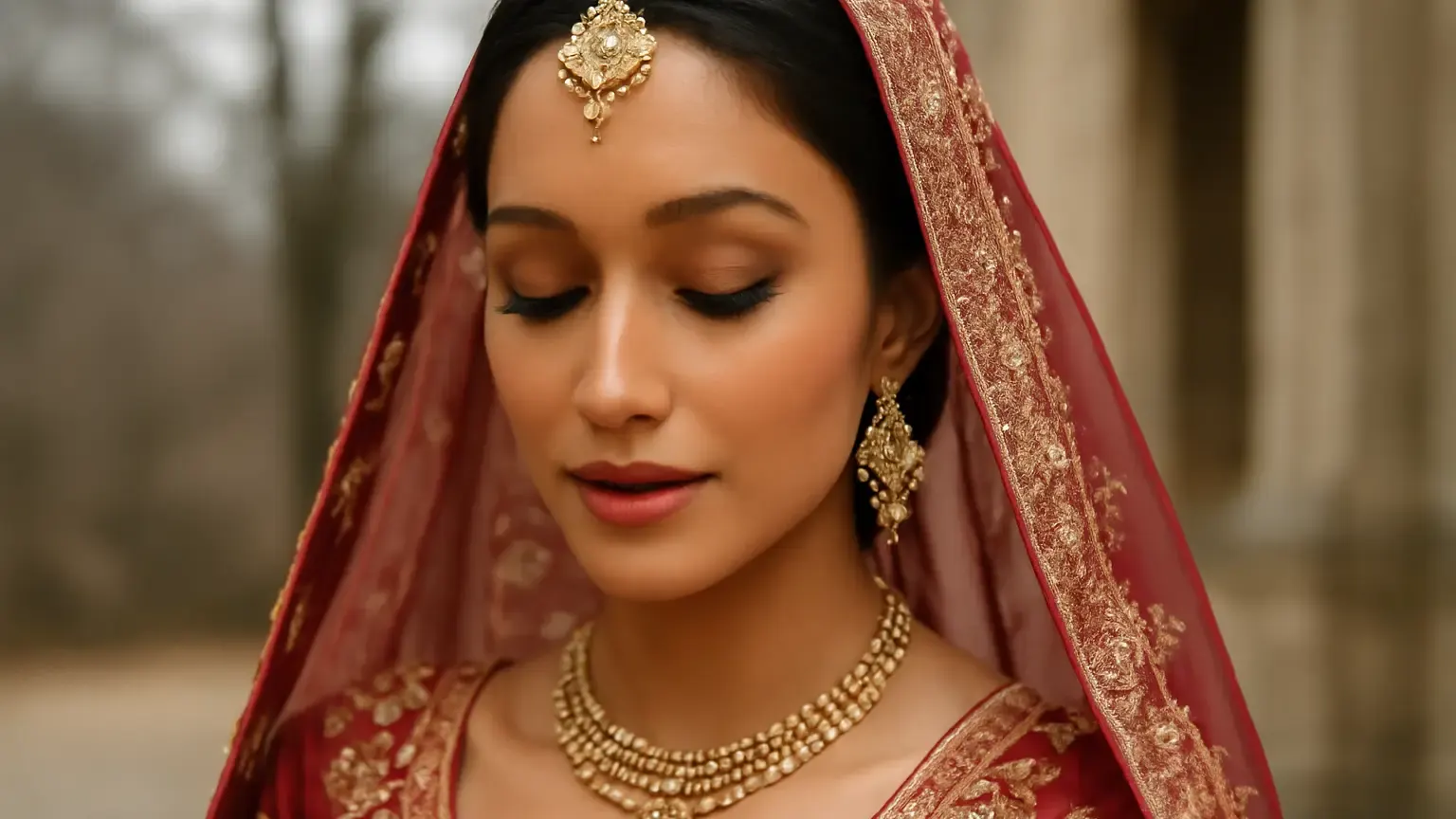 Indian bride wearing fresh satin makeup at a winter wedding ceremony