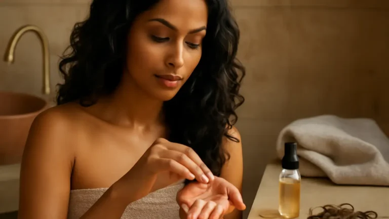 Woman with wavy-curly hair applying a small amount of oil to her ends