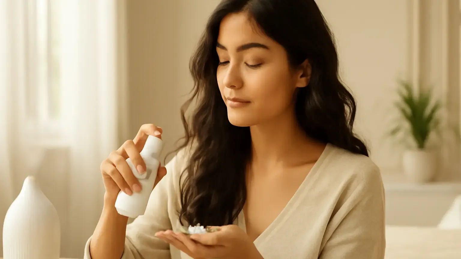 Woman applying mousse to damp fine wavy hair before diffusing