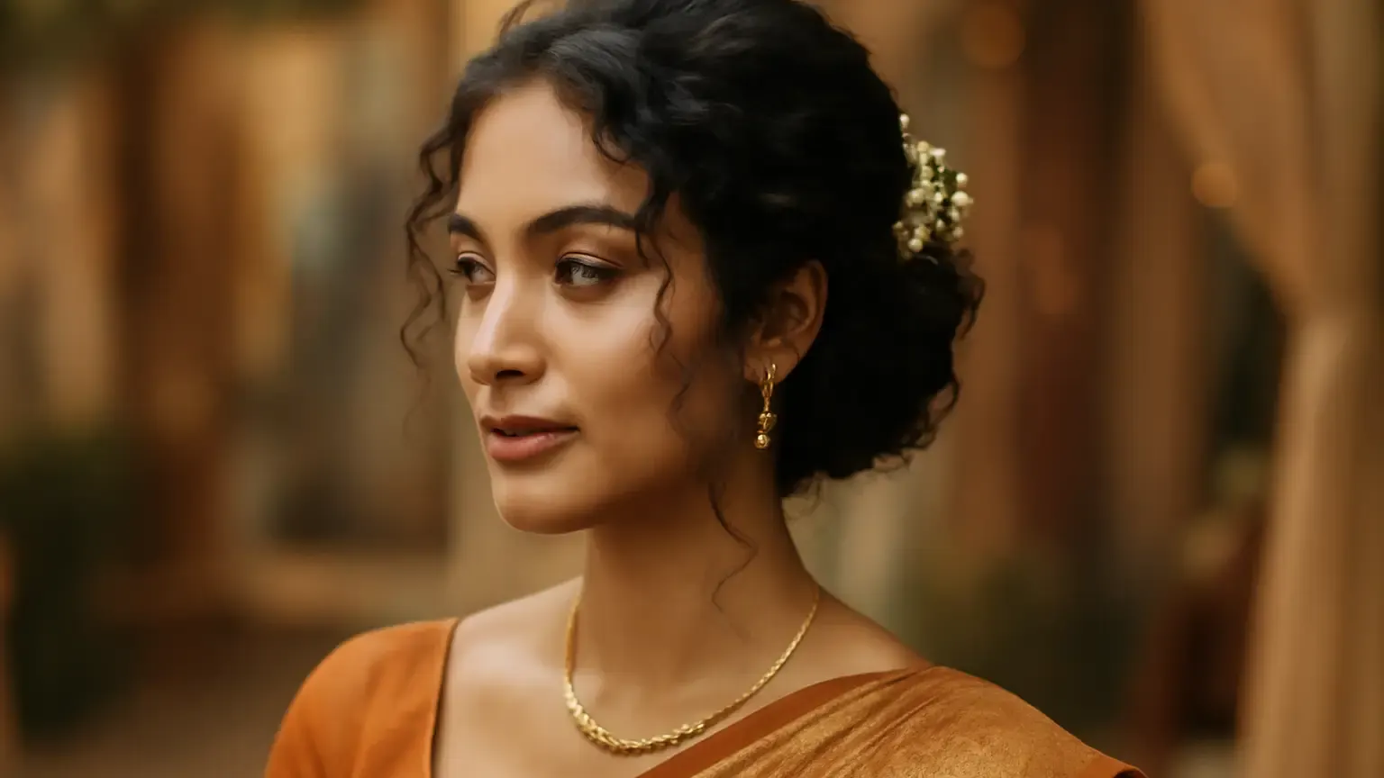 Indian wedding guest wearing a soft textured curly low bun with floral hair accessories