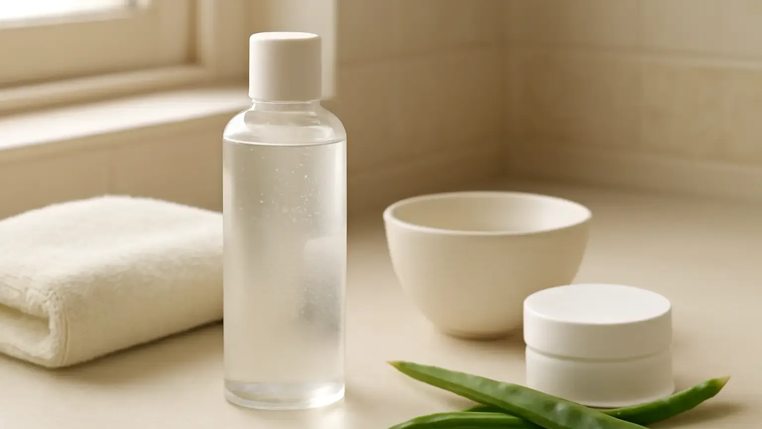 Unbranded hydrating toner and moisturiser arranged beside a towel in a bright bathroom.