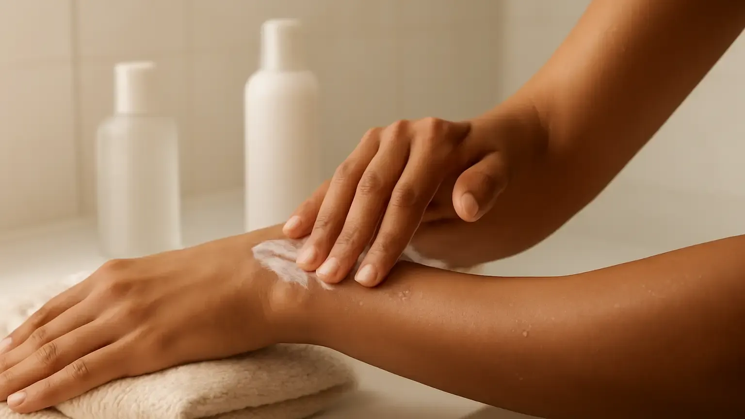 Applying body moisturiser to damp skin after a shower in an Indian bathroom