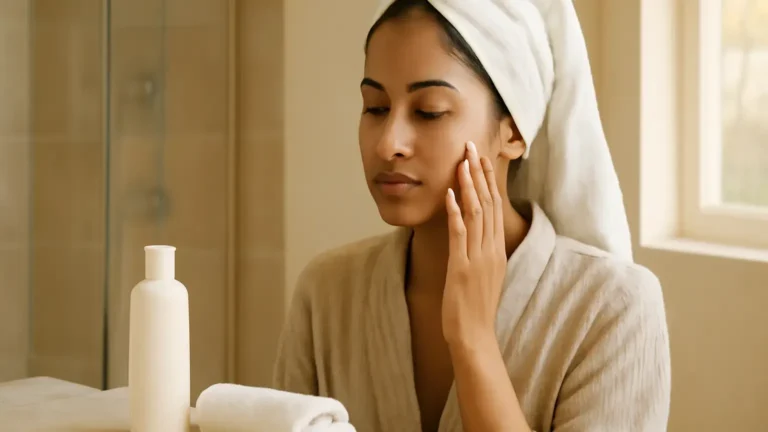 Unbranded moisturiser and cotton towel arranged for a dry skin body care routine in an Indian bathroom.