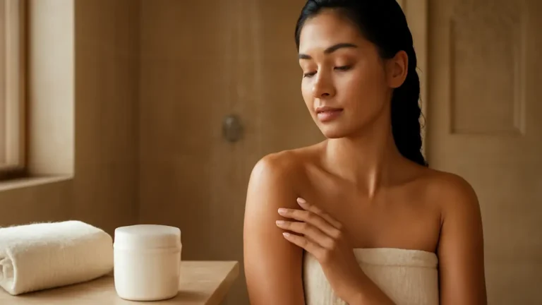 Unbranded body moisturiser and towel arranged beside a warm bathroom shower.
