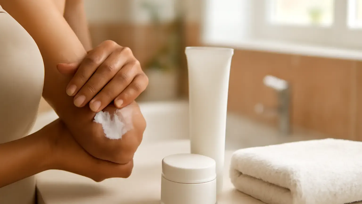 Applying rich moisturiser to a dry elbow beside heel care products and a cotton towel.