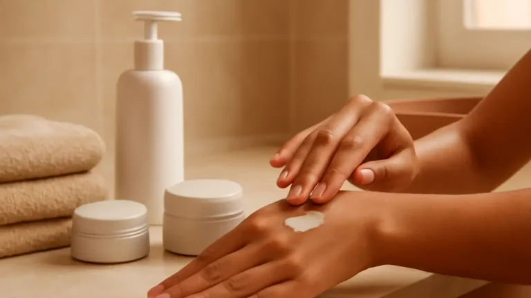 Unbranded lotion, cream and balm beside a hand applying moisturiser to a forearm