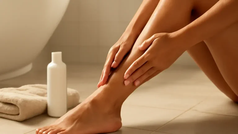 Applying body oil to lightly damp legs after a shower