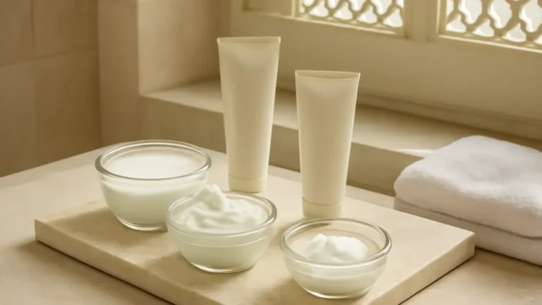 Unbranded milk, cream, balm and low-foam cleanser textures arranged in an Indian bathroom setting.