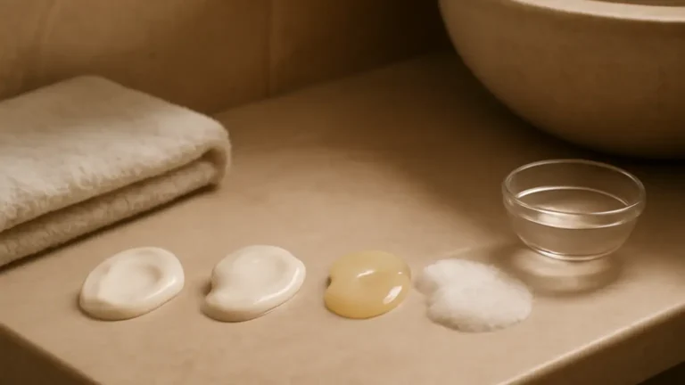 Unbranded cream, milk, balm and low-foam cleanser textures arranged on an Indian bathroom vanity.
