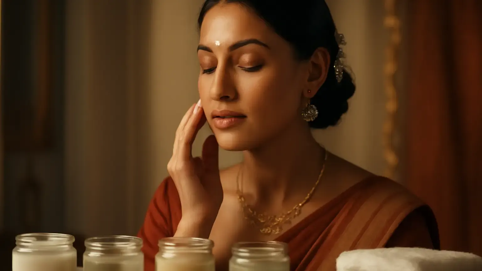 Indian woman preparing hydrated skin with four unbranded face mask textures before an event