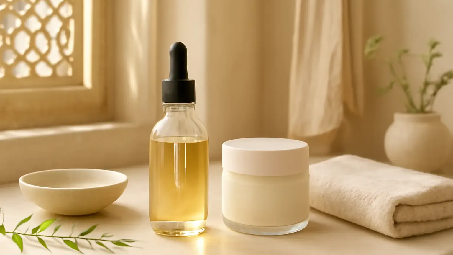Unbranded facial oil and moisturiser arranged for a dry-skin skincare routine
