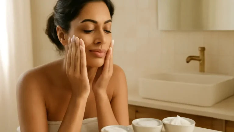 Woman gently cleansing dry-feeling skin beside unbranded cream, lotion and low-foam cleanser textures.