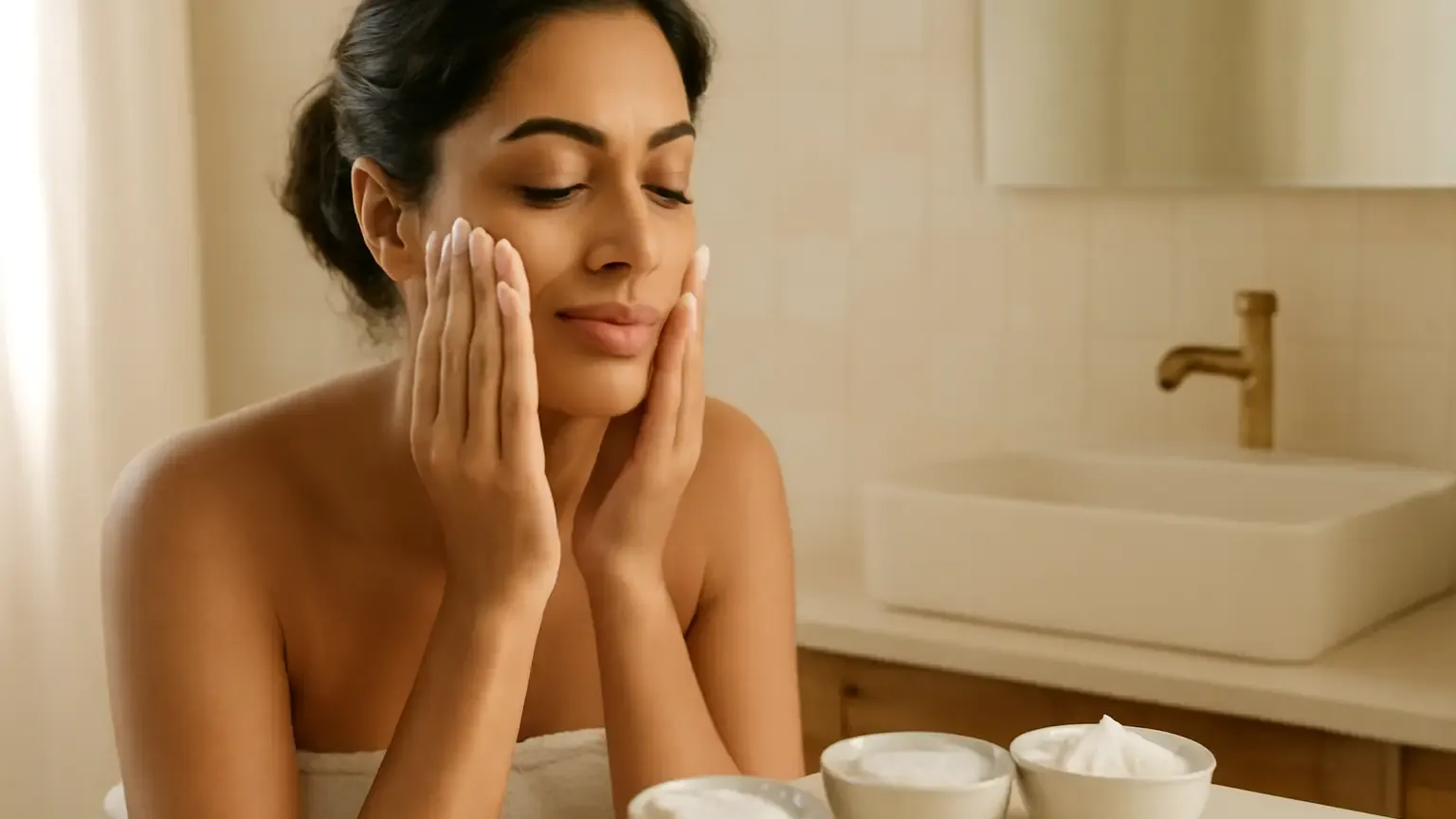 Woman gently cleansing dry-feeling skin beside unbranded cream, lotion and low-foam cleanser textures.