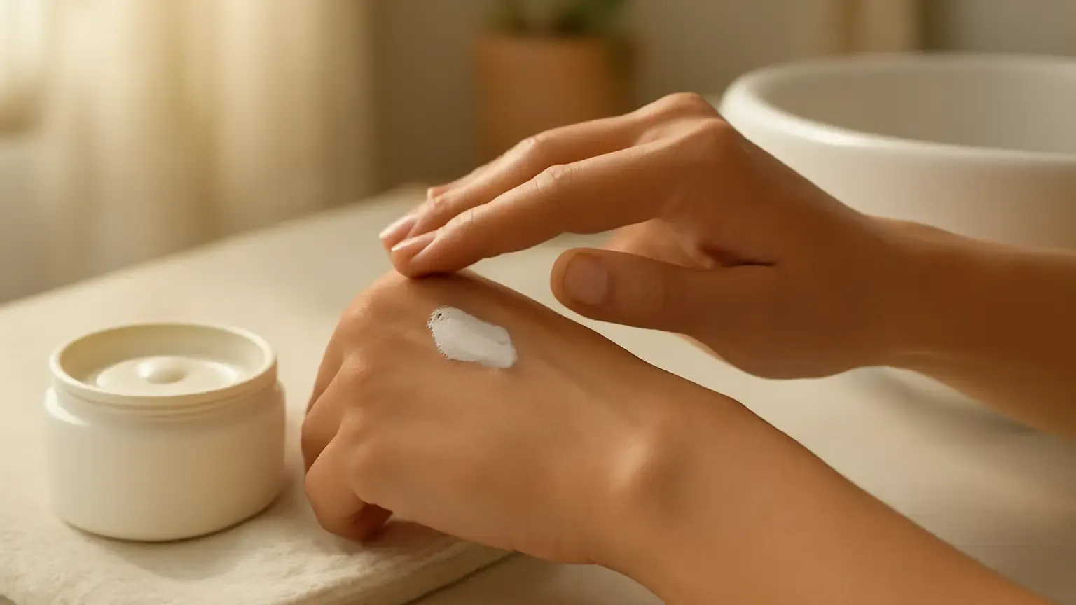Hands applying moisturiser after washing beside a towel in a bright home setting