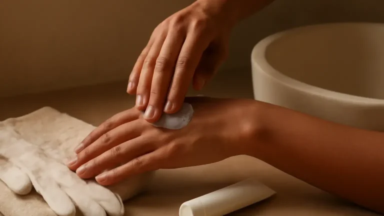 Hands applying moisturiser beside a sink with cotton gloves and a towel