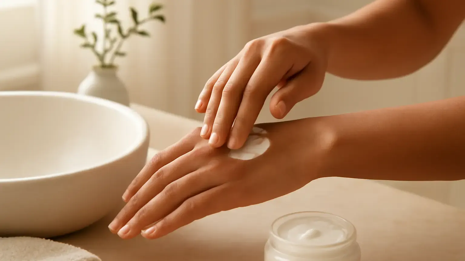 Hands applying moisturising cream beside a basin and soft towel