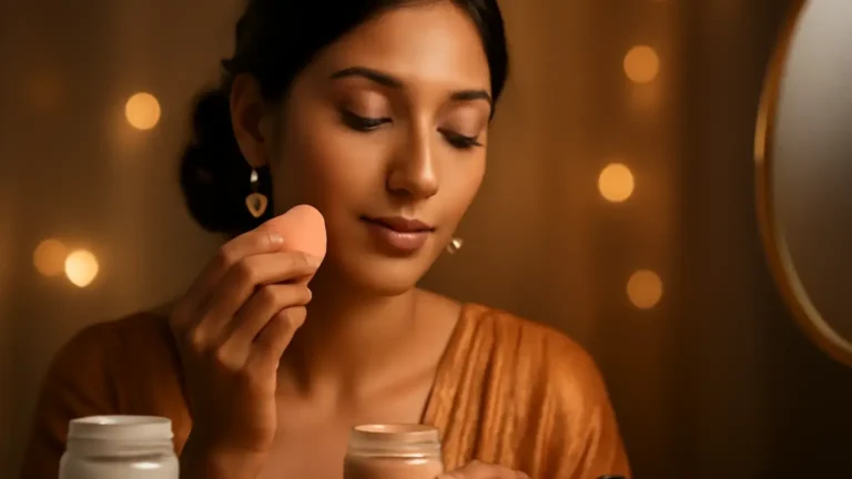 Indian woman applying a smooth festive makeup base with cream products and a makeup sponge