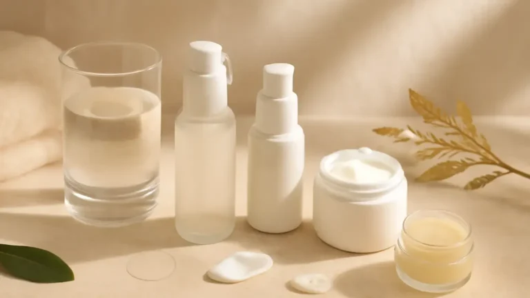 Unbranded skincare textures arranged from watery serum to rich cream and occlusive balm
