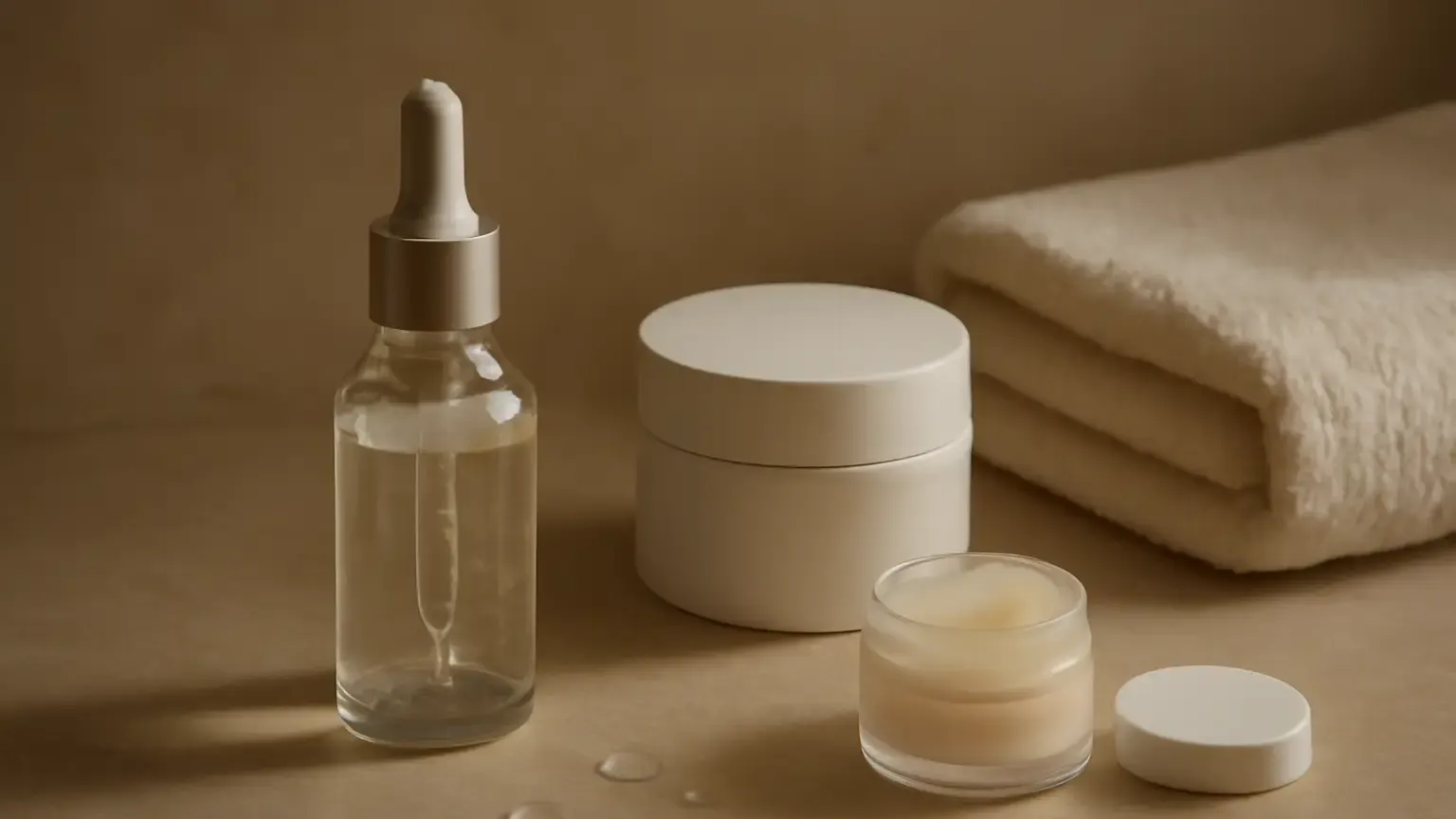Unbranded hydrating serum, moisturiser and balm arranged for a dry skin layering routine