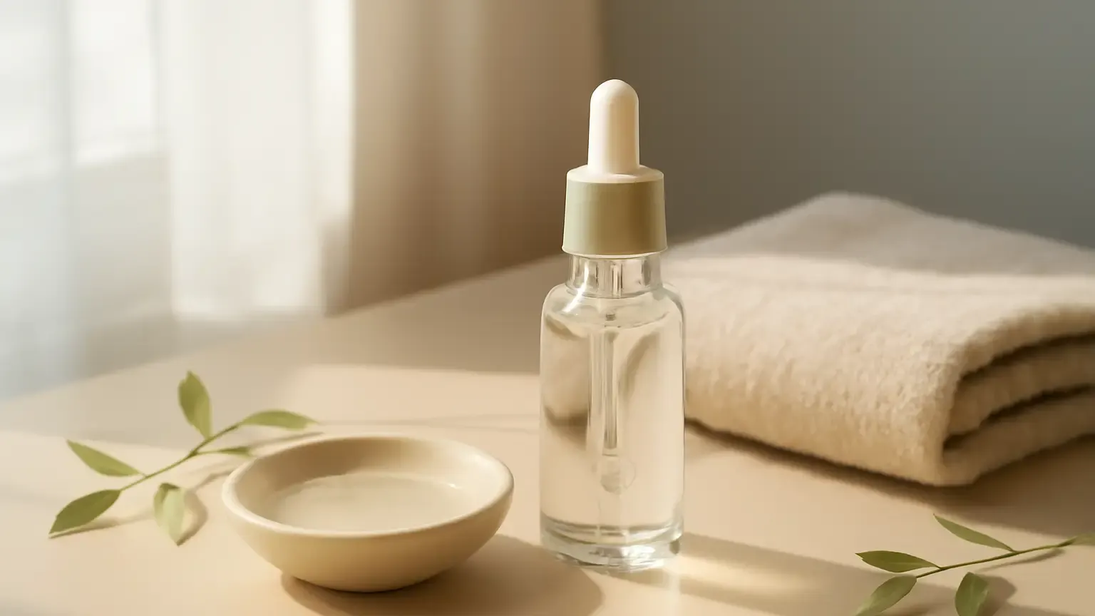 Unbranded hydrating serum and facial oil styled for a dry skin skincare routine