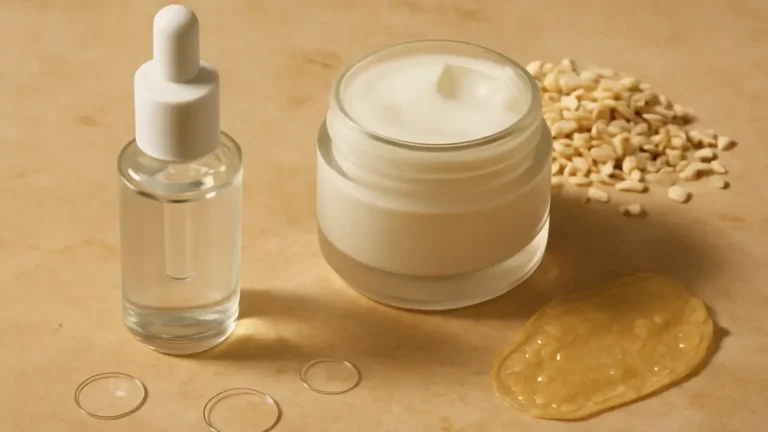 Unbranded serum and moisturiser arranged with soothing skincare ingredients on a warm surface