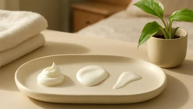 Cream, lotion and fluid sunscreens arranged for a dry skin texture comparison