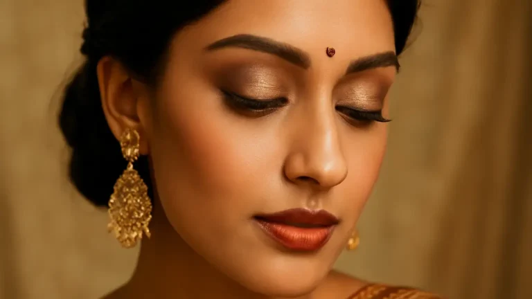 Indian model with deep set eyes wearing softly luminous festive eye makeup with thin liner and lifted lashes