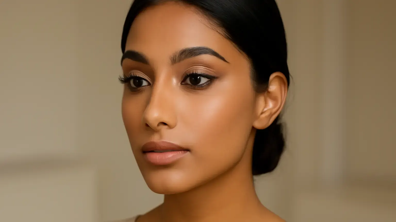 Indian woman with visible-lid eye makeup for deep-set eyes, slim eyeliner and curled lashes