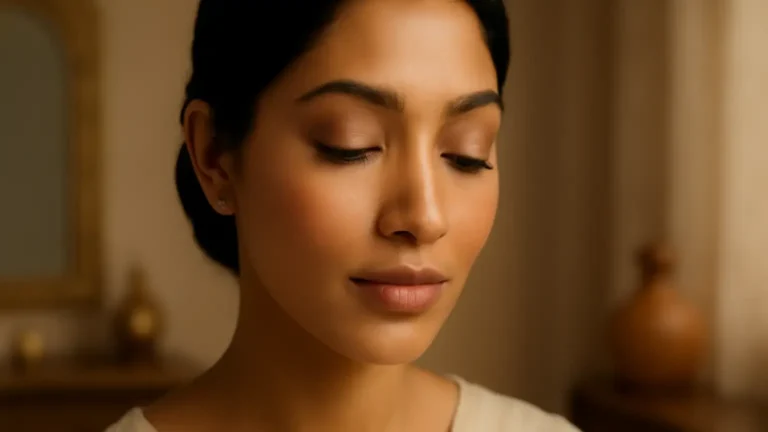 Indian woman with softly lifted eye makeup on naturally downturned eyes