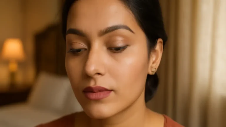 Indian woman with softly lifted eye makeup designed for naturally hooded eyes