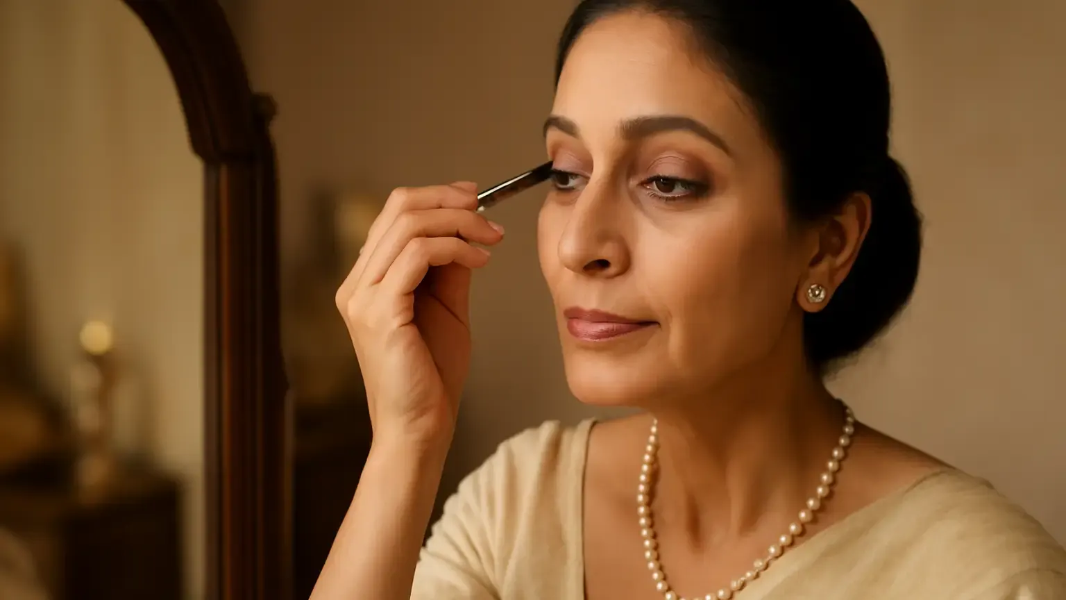 Mature Indian woman wearing softly defined neutral eye makeup with lifted brows and separated lashes.