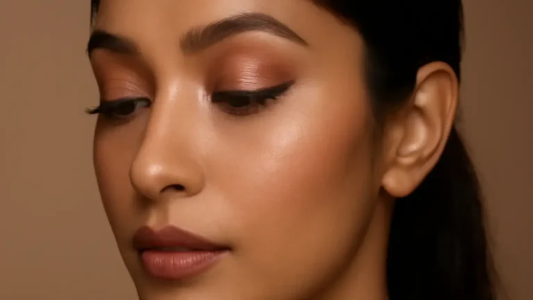 Indian woman with softly blended eye makeup, thin eyeliner and curled lashes on monolid eyes