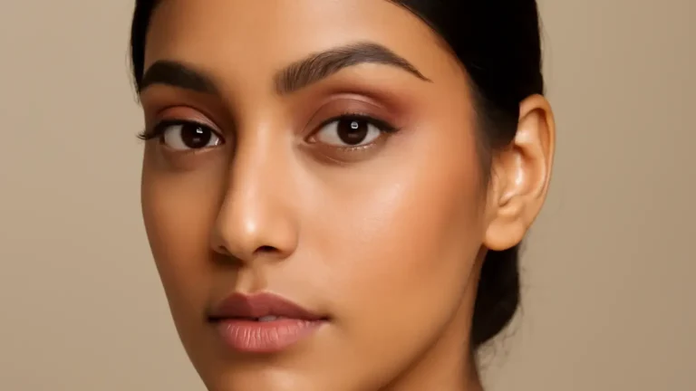Indian model wearing softly balanced eye makeup with matte crease definition and thin liner on prominent eyes.