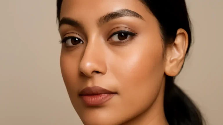 Indian woman with softly lifted eyeliner, bright inner corners and defined lashes for small eyes