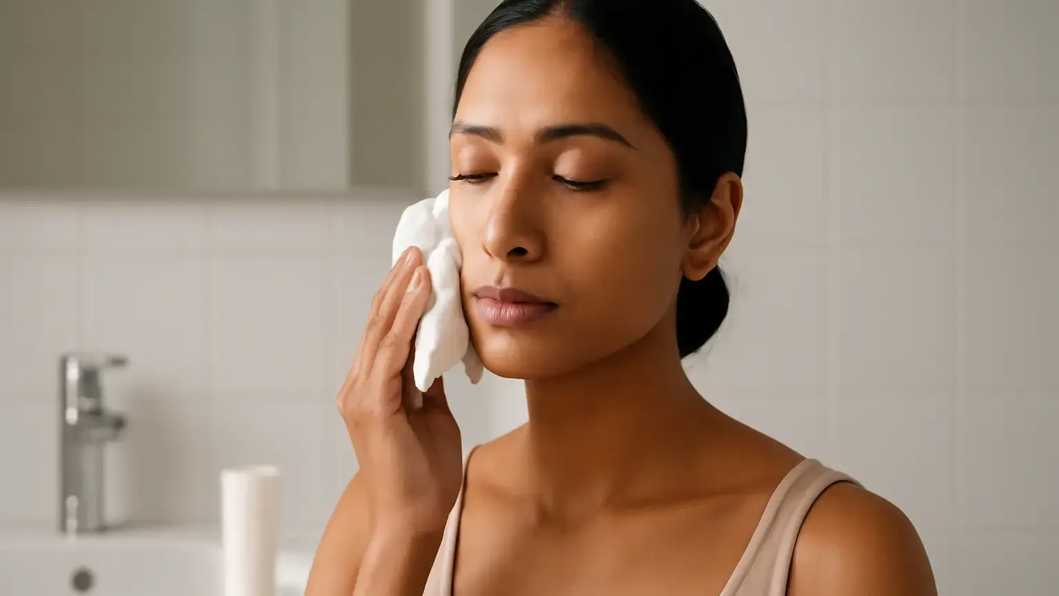 Indian woman using a cool cloth on her cheek after facial hair removal