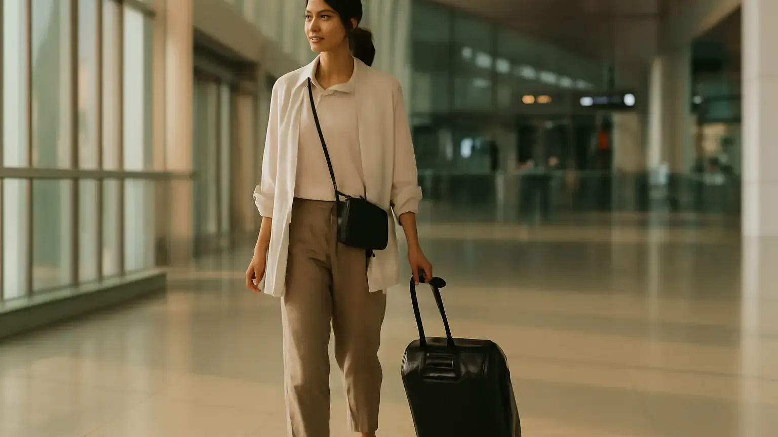 Indian woman in a polished layered airport outfit with relaxed trousers and slip-on shoes