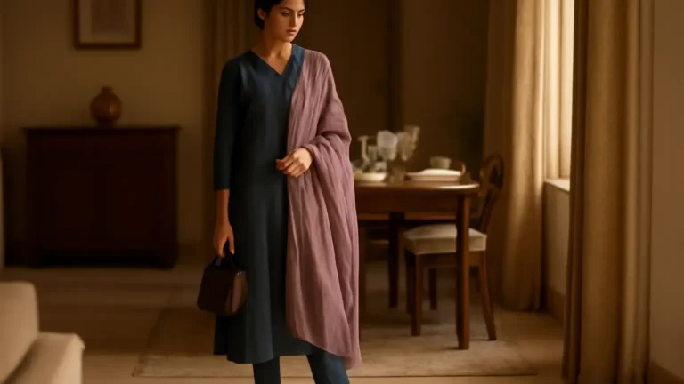 Indian woman in a polished kurta set with juttis and delicate jewellery for a November family gathering