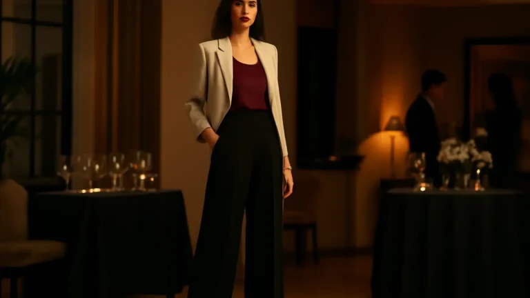 Indian woman in a jewel-tone blouse, tailored trousers and light blazer for an office party