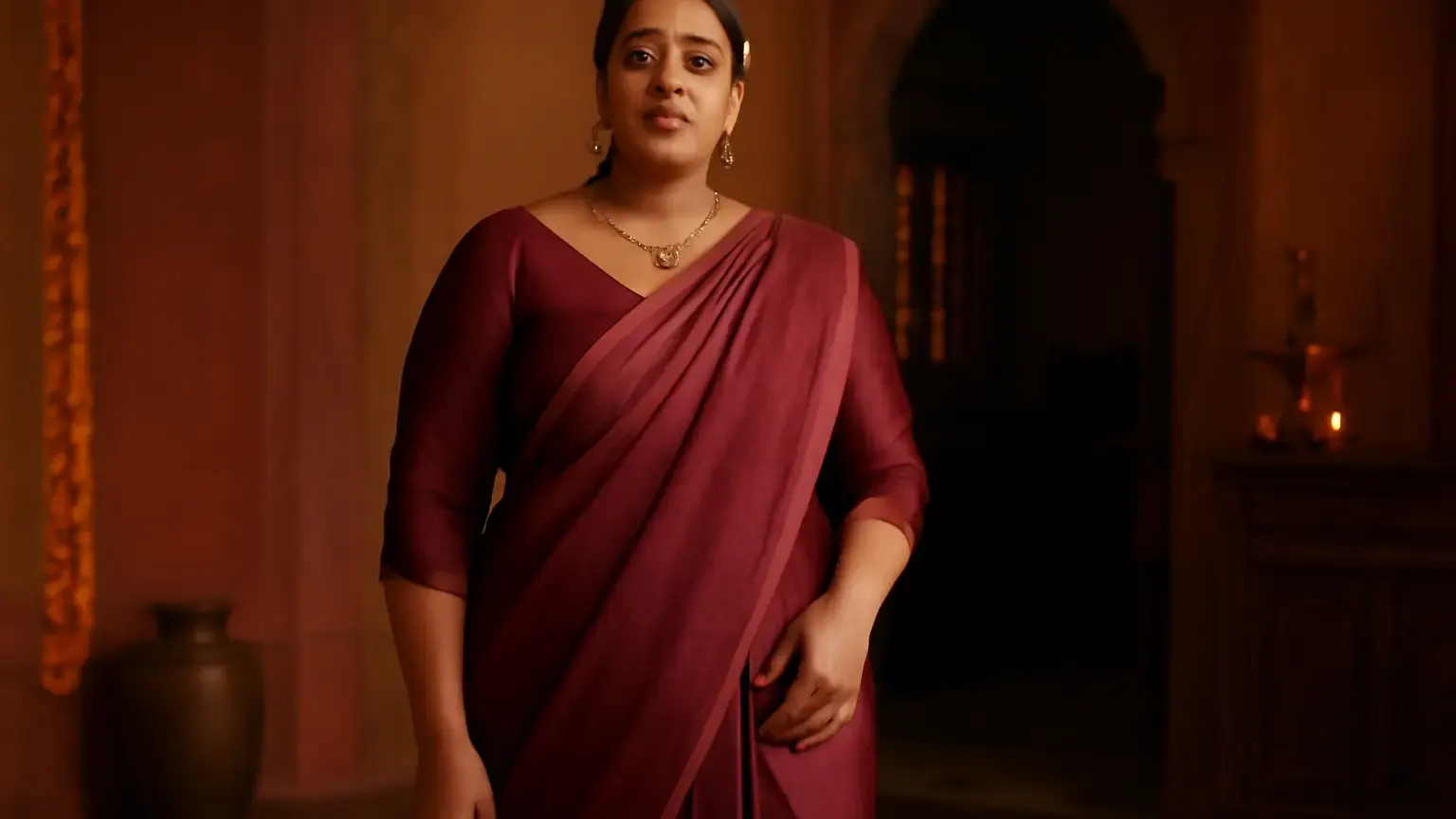 Indian woman in a balanced festive saree outfit with an open neckline and clean vertical drape