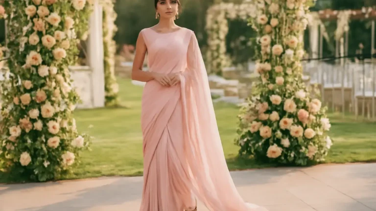 Indian wedding guest in a pastel festive outfit photographed at a sunlit outdoor wedding venue