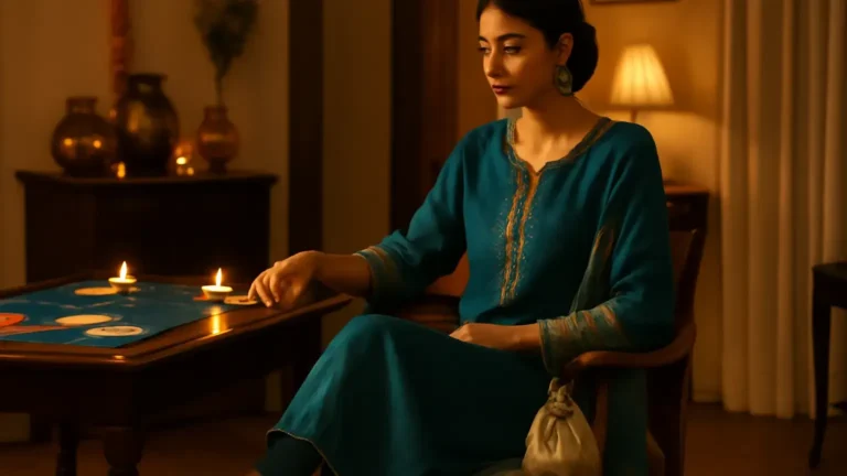Woman in a jewel-toned kurta set at an intimate Diwali card party