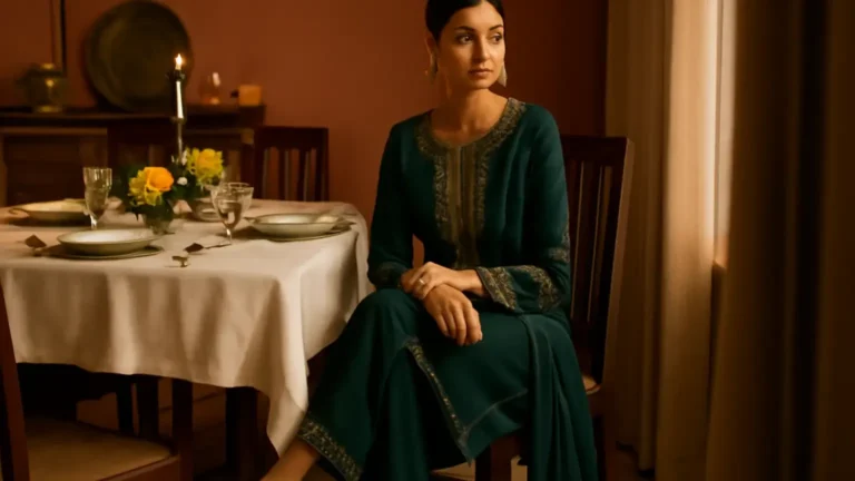 Woman in an embellished kurta set styled for an Indian family dinner at home