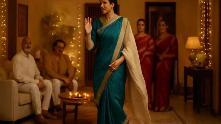 Indian woman in a comfortable festive saree look greeting family guests at a home celebration