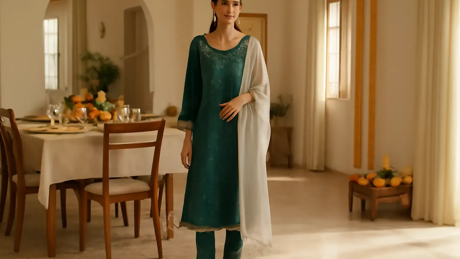 Indian woman in a breathable festive kurta set with light jewellery and comfortable flats at a family gathering