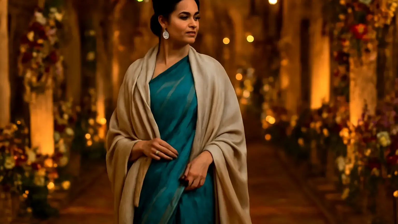 Indian wedding guest in a silk saree styled with a pashmina shawl