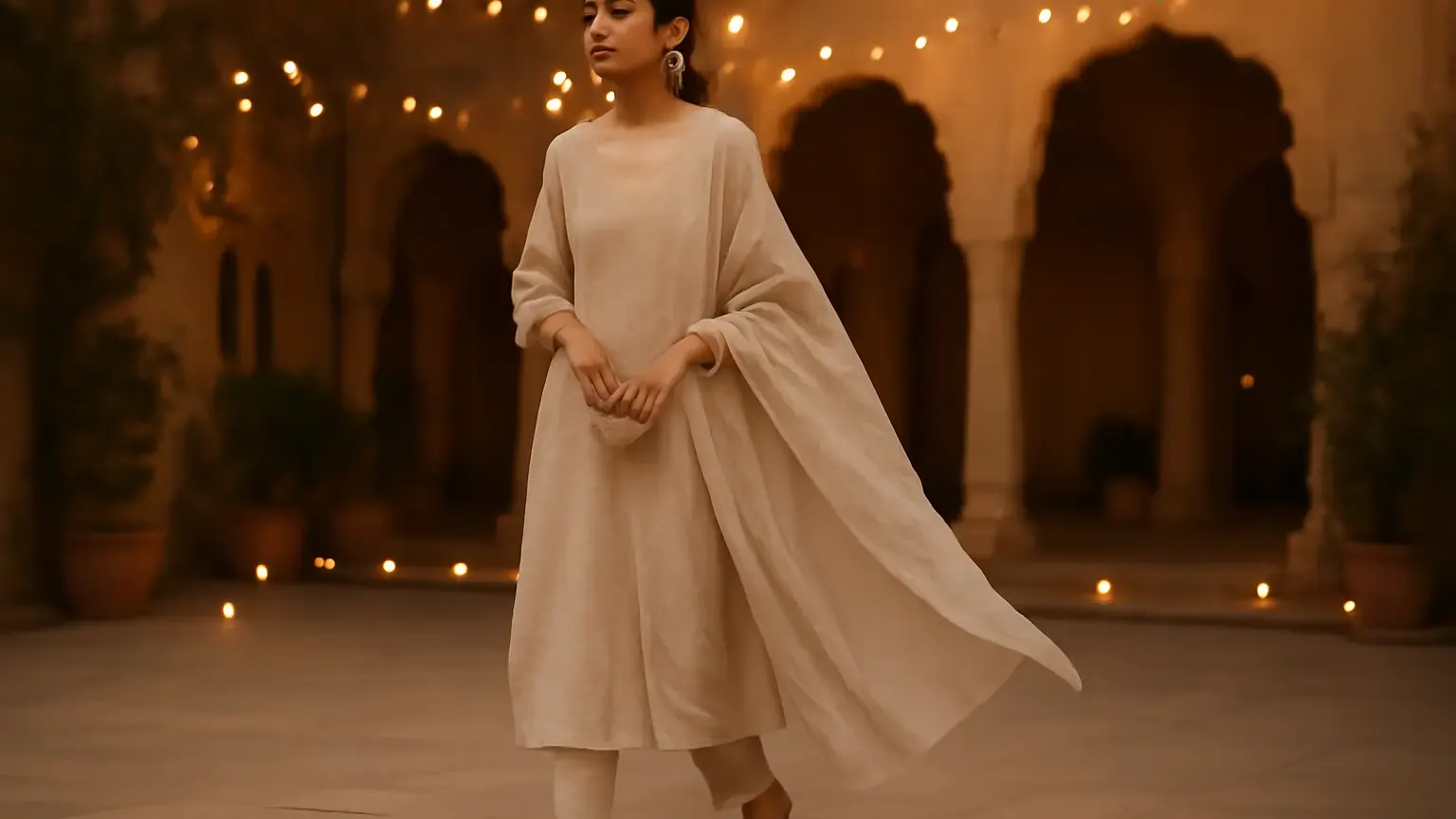 Indian woman in a breathable festive outfit with a lightweight dupatta at a warm evening celebration