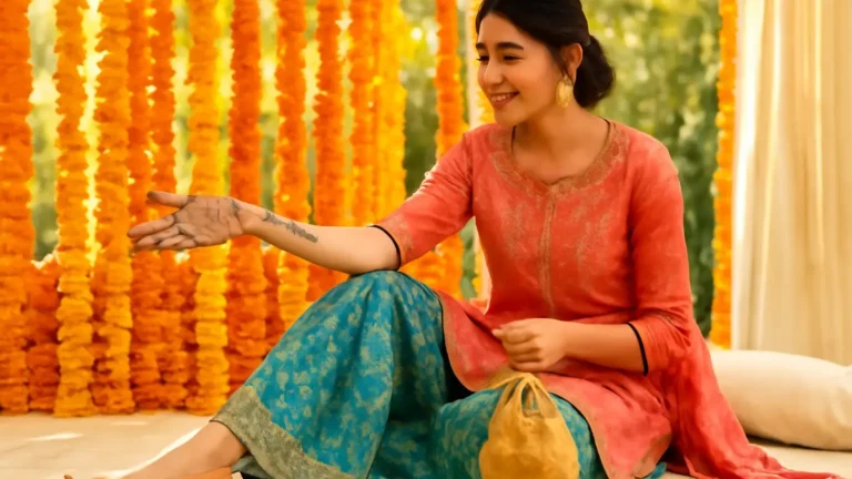 Woman in a comfortable colourful sharara set at an Indian mehendi ceremony