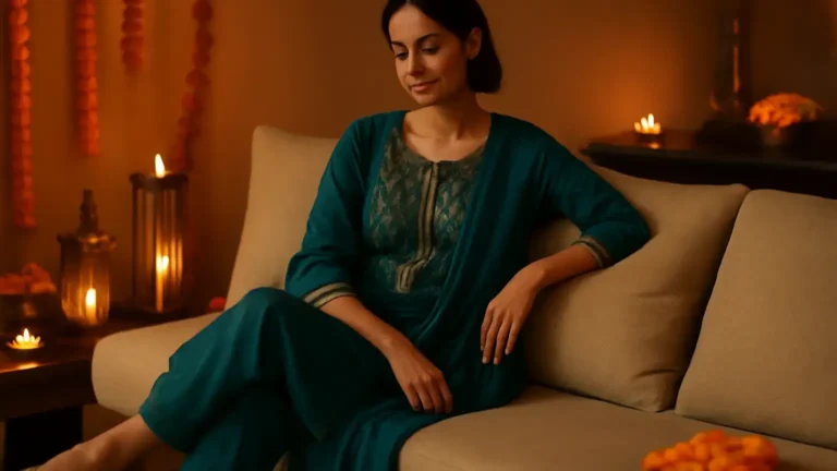 Indian woman in a comfortable embroidered festive outfit at a warm Diwali-season house party